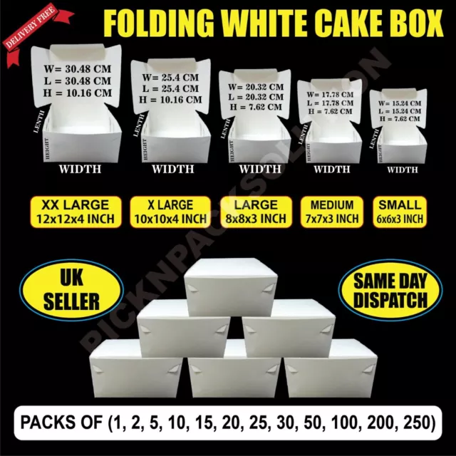 White Folding Cardboard Cake Box / Cupcake Boxes /Wedding / Birthday - ALL SIZES