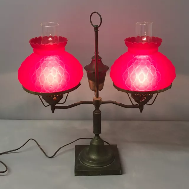 Beautiful Vintage or Antique Double Student Hurricane Lamp Ruby Red Satin Shade