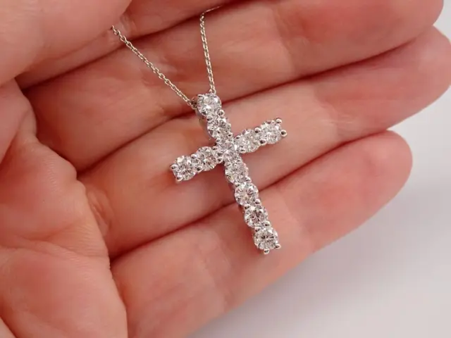 2Ct Round Cut Real Moissanite Cross Pendant 14K White Gold Plated Silver Chain