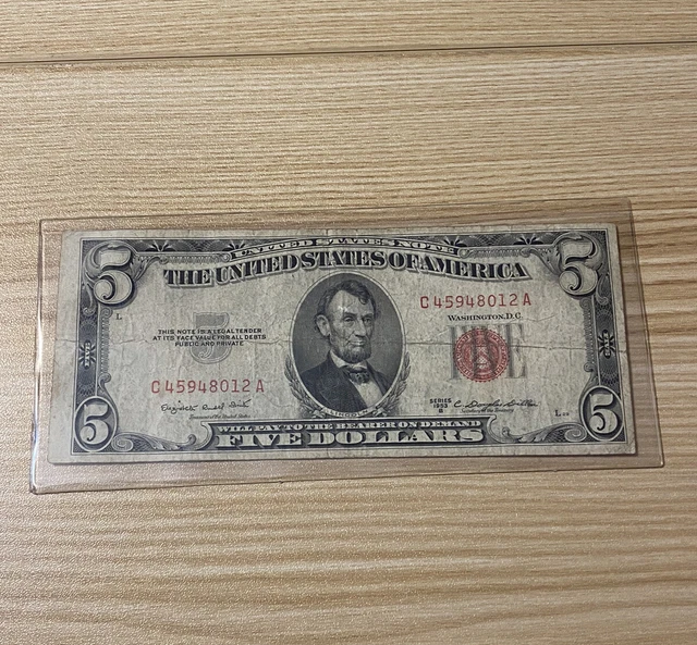 1953-B Five Dollar Note $5 Red Seal Certificate in Sleeve C45948012A Free Ship