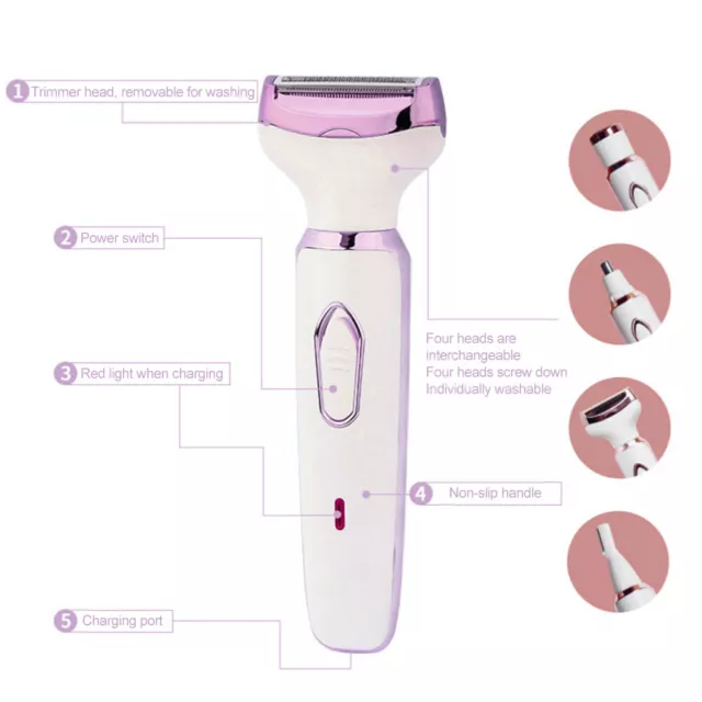 4 in 1 Painless Electric Lady Shaver Rechargeable Facial Hair Remover For Women
