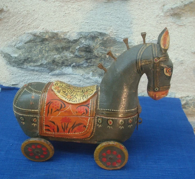 V72  Cheval sur Roue Boite Bois Peint Art Populaire Rajasthan Inde