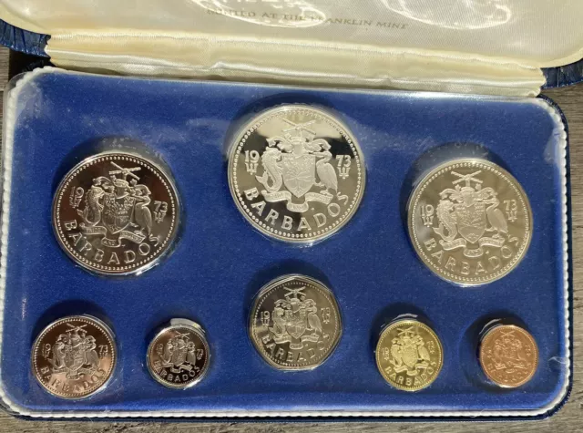 1973 First National Coinage of Barbados Proof Set Coins  Franklin Mint with Case