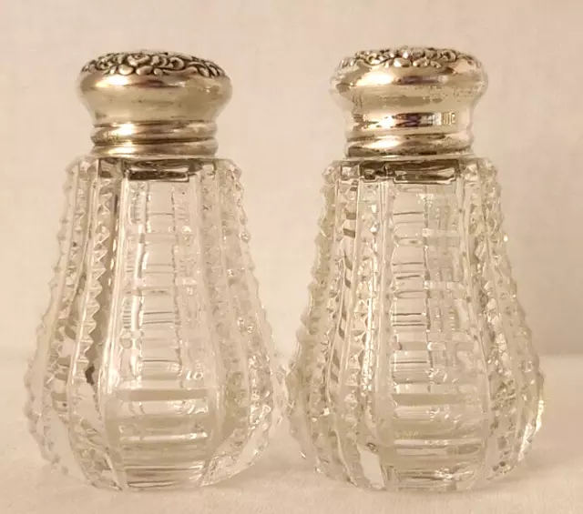 2 Sterling Silver Crystal Wilcox Co Salt/Pepper Shakers Castors
