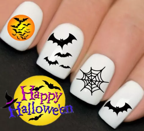 Bats Spiders Web Halloween Nails Nail Art Water Transfer Decal Wraps Y761