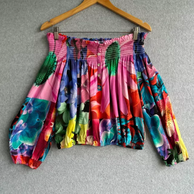 Desigual Top Womens Large Colourful Floral Ruched Off Shoulder Cropped Blouse