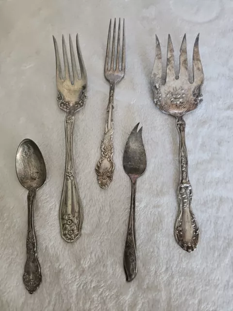 5 Pc VTG Serving Lot Mixed Silver Plate Silverware Used Flatware Crafts Antique