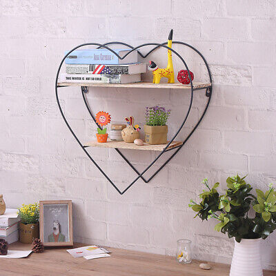 Iron Wooden Wall Hanging Shelf Vase Holder Home Storage Rack Decor Heart Shape