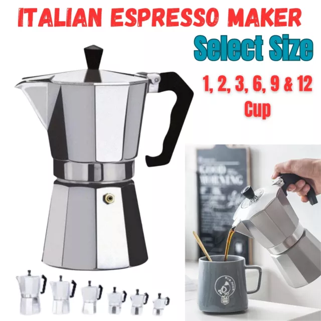 Stovetop Coffee Percolator Moka Pot 1,2,3,6,9 & 12 Cup  Italian Espresso Maker