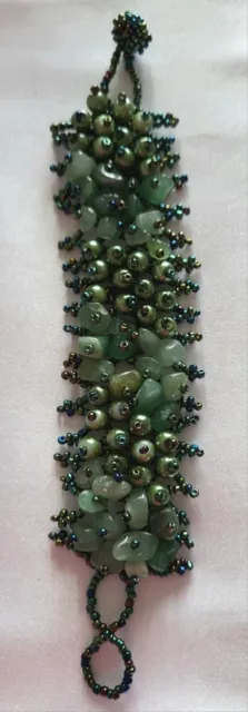 Green Glass Stone Beaded Bracelet Handmade Artisan Boho