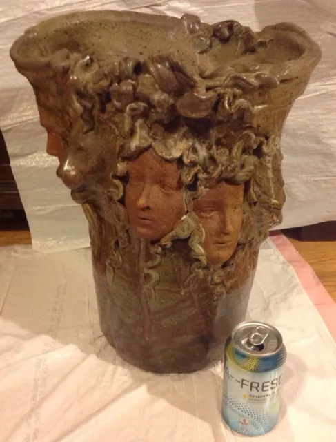 Impressive Unusual Signed Art Pottery Vase Large Heads Medusa Lion Green Man 16"