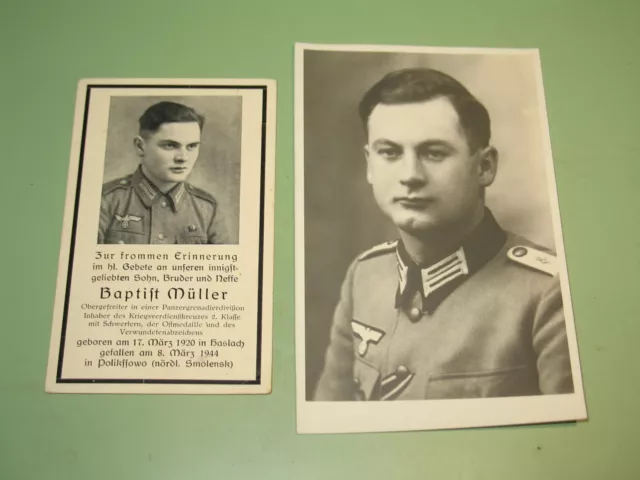 WK II:Sterbebild v.Soldat-Ob.-Gefr.-KVK-Ost-M.-VWA + Porträt-Foto als AK-ungel.