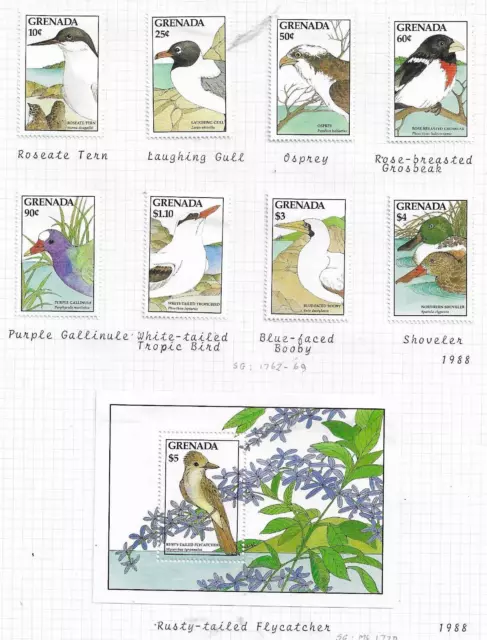 Grenada 1988 BIRDS set of 8 & Mini Sheet MINT hinged