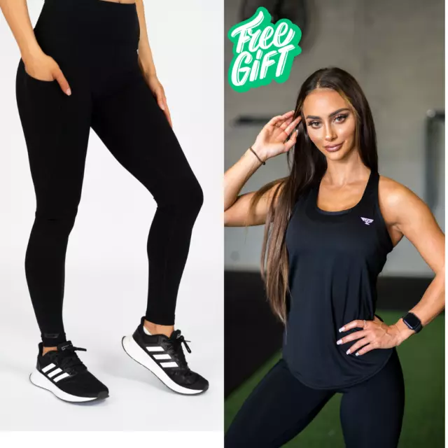 TLGACTIVE Womens High Waist Yoga Pants Leggings BLACK + FREE BLACK TANK TOP