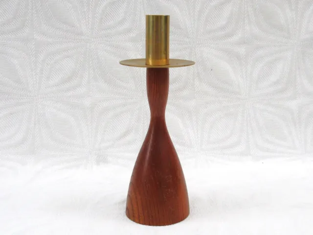 Vintage Mid Century Teak and Brass Candlestick Candle Holder 60s 70s