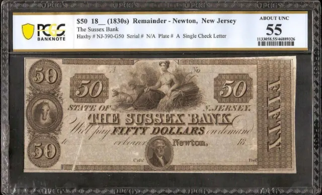 1830s $50 BILL SUSSEX BANK ERROR NOTE LARGE CURRENCY PAPER MONEY PCGS 55