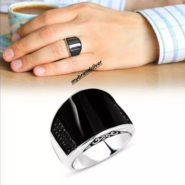 Solid 925 Sterling Silver Turkish Jewelry Black Zircon Stone Men's Ring All Size