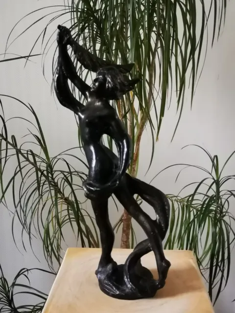 Statue Sculpture Danseuse Avec Grande Plume Ruban Resine Peinture Emaillee 45 Cm