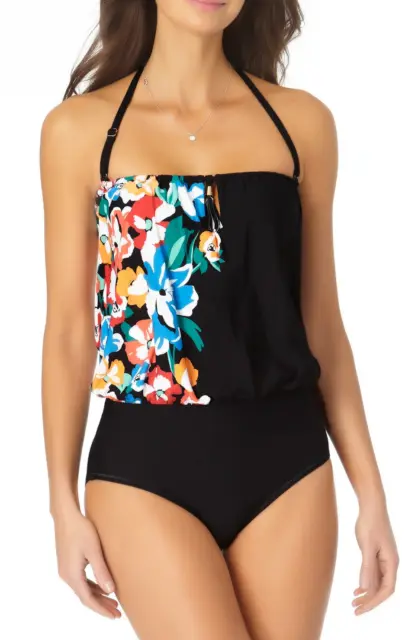 ANNE COLE Womens Floral Keyhole Blouson One Piece Keyhole Swimsuit sz 8 Swimwear