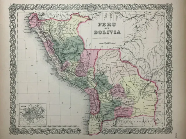 1855 Antique Peru & Bolivia Map Hand-Colored Colton's Atlas - Beautiful Gift