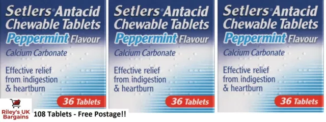 Setlers Antacid Chewable Peppermint Indigestion Heartburn 3x36 Tablets Ant Acid