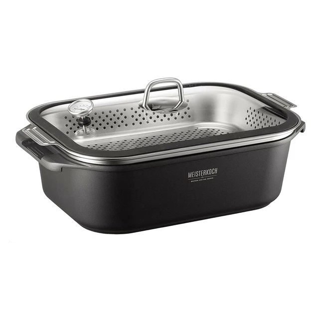Bräter Aromabräter 7,5L Universal Aluguss eckig Deckel Dampfeinsatz Thermometer