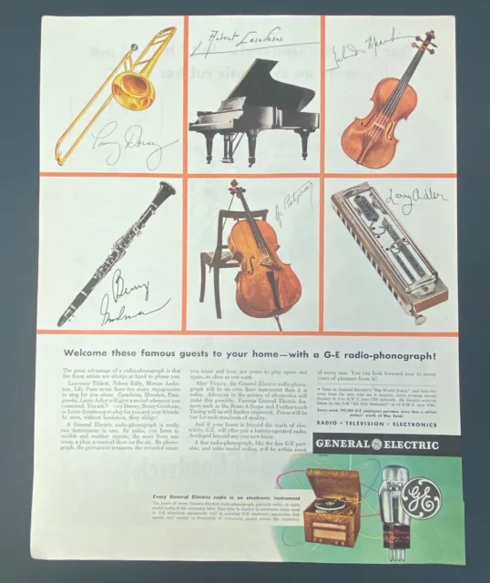 1940's General Electric Radio-Phonograph Musical Instruments Vintage Print Ad
