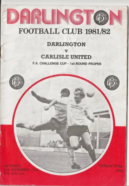 Darlington Vs Carlisle United, Fa Cup 1St Round Programme, 21St November 1981