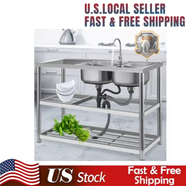 2 Compartment Commercial Sink Stainless Steel 2 Bowl f Garage/Restaurant/Kitchen