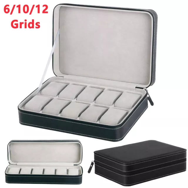 6/10/12 Grids Leather Watch Display Case Collection Storage Zipper Holder Box