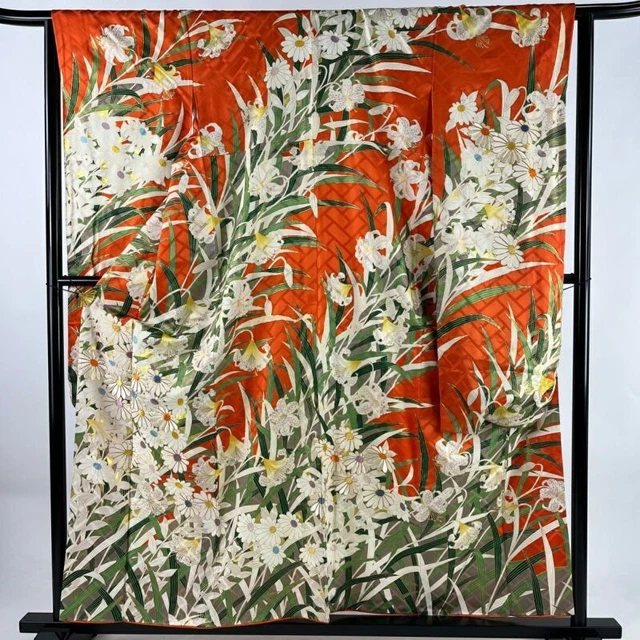 Japanese Kimono Furisode Pure Silk Lily Chrysanthemum Embroidery Orange Color
