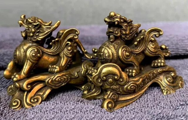 Pair Brass Pi Yao Pi Xiu Statue Feng Shui Wealth Porsperity Figurine