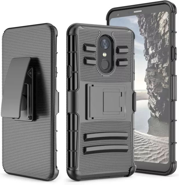 For LG Stylo 4 / 4 Plus Rugged Phone Case Belt Clip Holster+Black Tempered Glass