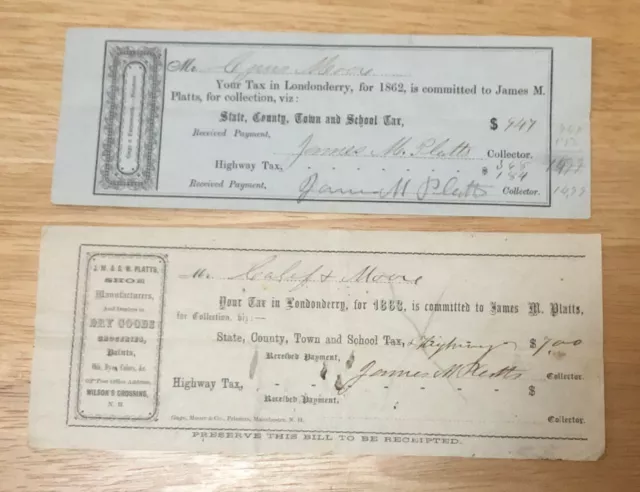 Lot of 2 ANTIQUE 1862 & 1863 LONDONDERRY New Hampshire Tax Receipts