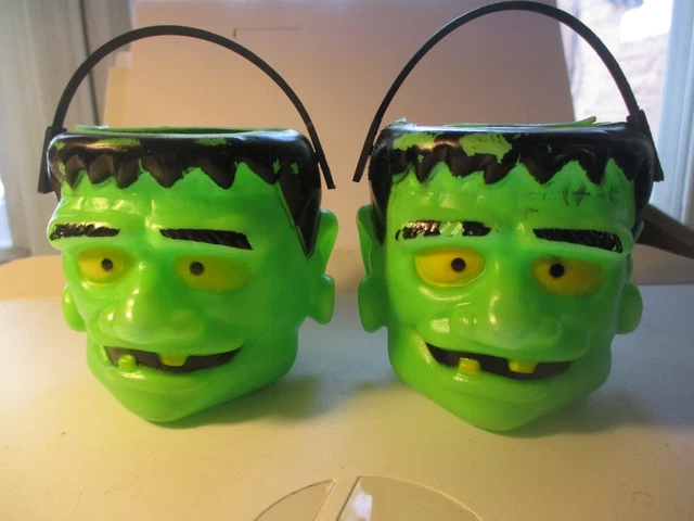 Lot of 2! Vintage MINI FRANKENSTEIN Blow Mold Candy Buckets Halloween  w/ Handle