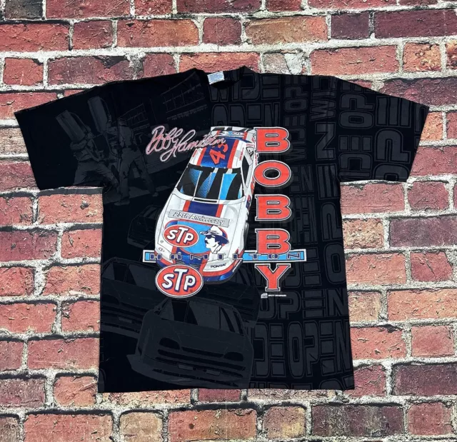 Vintage 90s AOP NASCAR Bobby Hamilton STP T Shirt Single Stitch Mens Large Petty