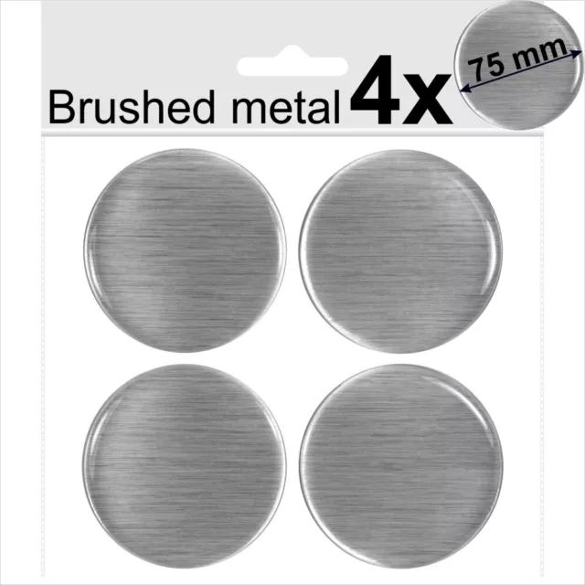 4x 75 mm BRUSHED ALUMINUM METAL CHROME WHEEL CENTER CAPS 3D GEL DOMED STICKERS