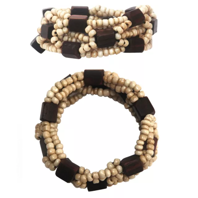 Beautiful Bone White 10-Strand Elastic Bracelet Glass Dark Hard Wood Beads