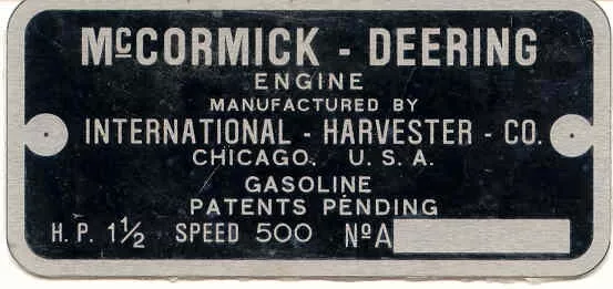 McCormick Deering type M 1 1/2 HP engine name plate (Aluminium, printed)