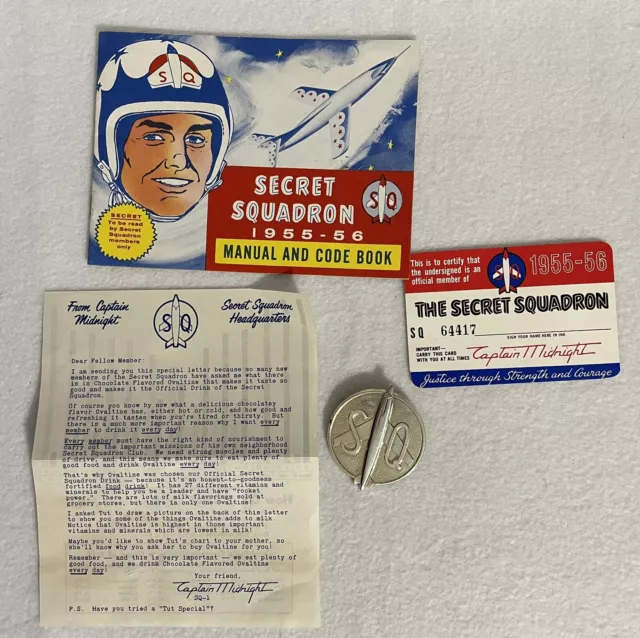 1955-56 Captain Midnight Secret Squadron Manual and Code Book, Pin, Card, Letter