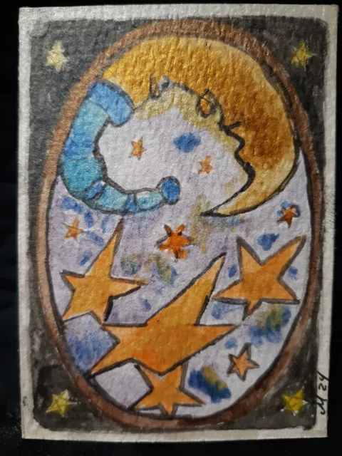 ACEO Watercolor Painting Tired Moon Tarot Style Card Stars  Artwork Miniature