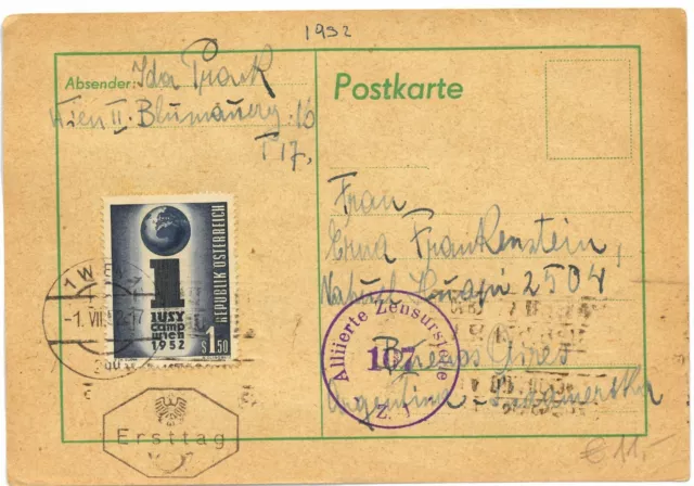 Austria - Postkarte FDC nach Argentinien, soz. Jugend 1952 - Zensur