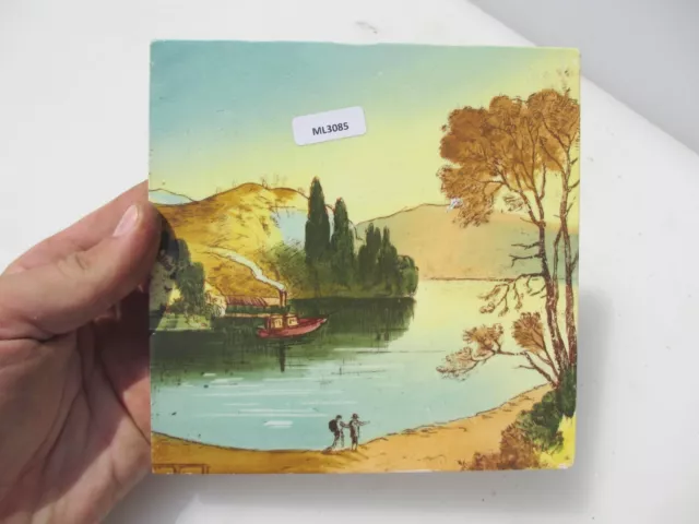 Vintage Ceramic Tile Old River Scene Windmill Farm Countryside Tree Mountains