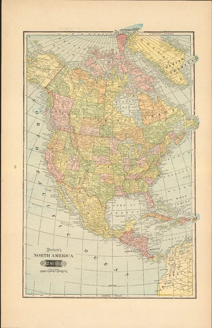 1901 Tunison North America antique map ~ 22.7" x 14.6" - nice color - old cities
