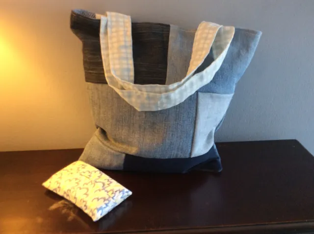 Handmade Fabric Childrens Lined Bucket Bag And Tissue Holder - Denim Patchwork