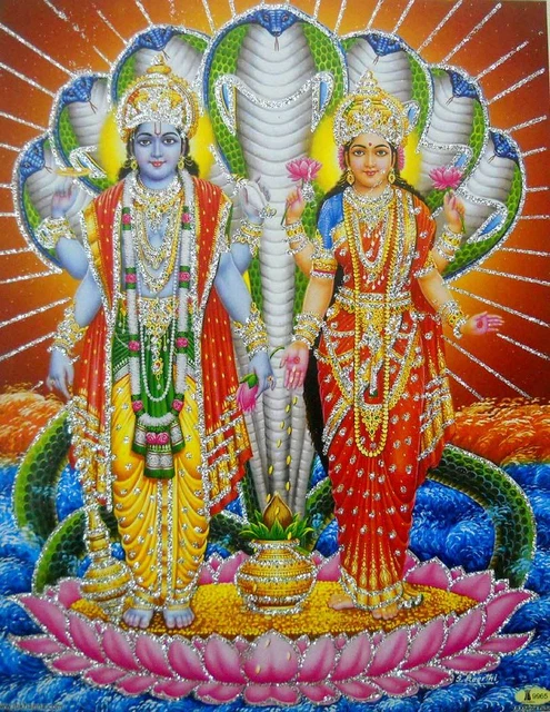 LORD VISHNU AND Goddess Lakshmi Hindu God Poster With Glitter 9 X 11 