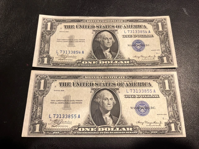 1935 One Dollar Bill Silver Plain Double Date Consecutive Uncirculated • 2 Notes