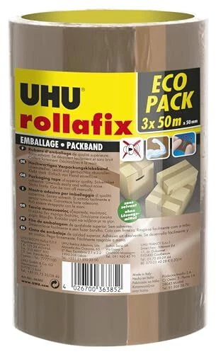 UHU Rollafix - Rubans adhésif d'emballage brun lot 3 rubans 50m x 50mm