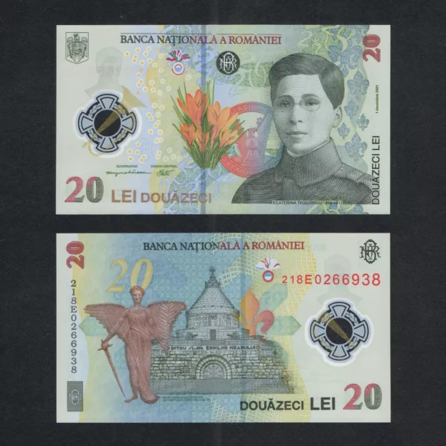 2021 ROMANIA 20 LEI POLYMER P-119Aa UNC+ +ECATARINA TEODOROIU FLOWERS ARCHANGEL