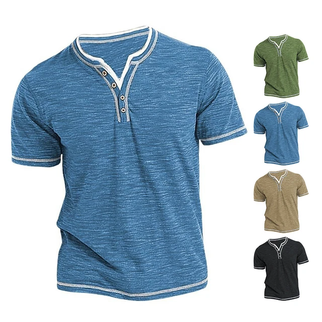 Henley Da Uomo T-Shirt Camicie A Maniche Corte Pullover In Cotone Comodo Top ☆
